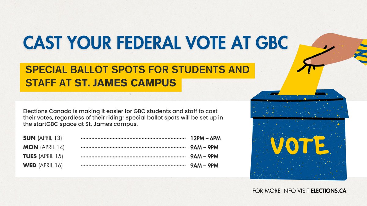 You can cast your federal vote at St. James Campus through Elections Canada’s special ballot spots — open to all ridings. Details 👇 

#College #Toronto #ElectionsCanada