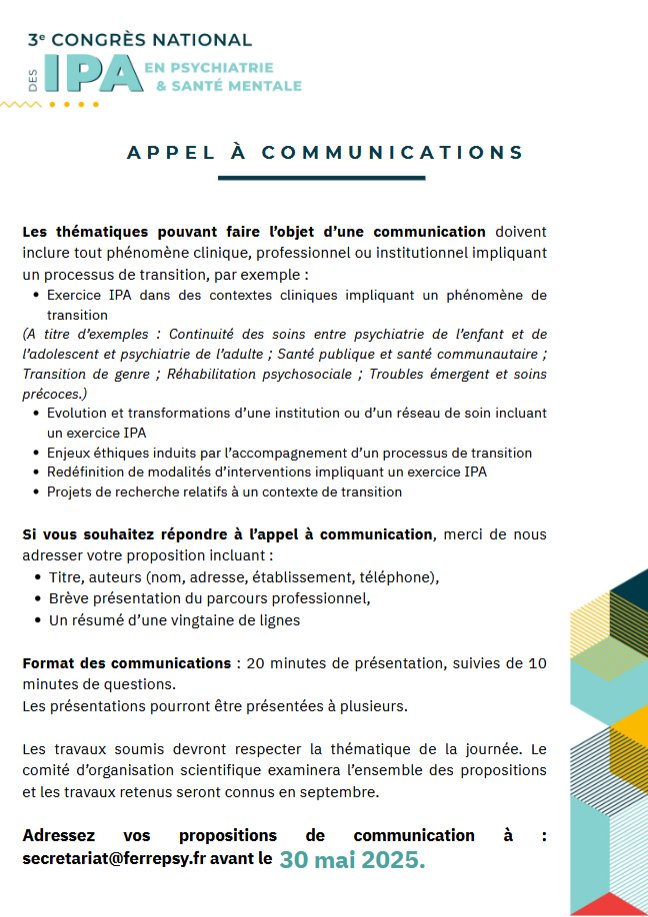 jf_cauquil's tweet photo. đą Appel Ă communication !
3e CongrĂšs National des #IPA en Psychiatrie - SantĂ© Mentale â 20/11/25 Ă Toulouse
ThĂšme : processus de transition đ
âĄïž Envoie ta proposition avant le 30/05/25 : secretariat@ferrepsy.fr
#IPActions #SantéMentale #Psychiatrie https://t.co/H6gLfvRzQq