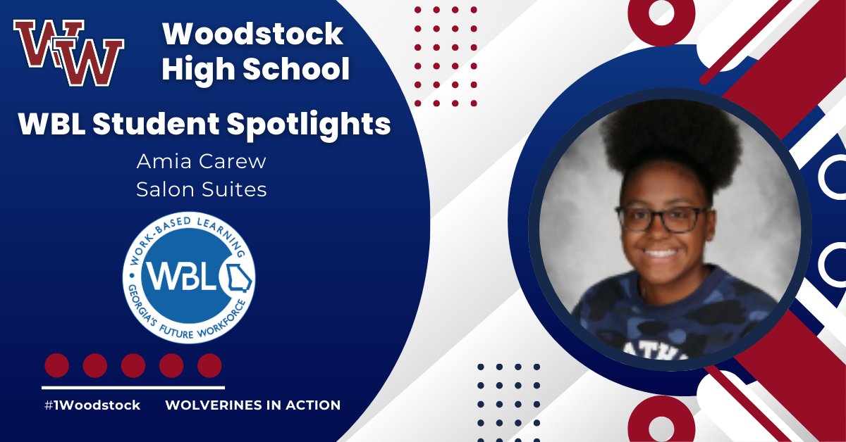 The WBL Student Spotlight is Amia Carew! Amia works at Salon Suites in Customer Service doing an outstanding job with the customers!  Congratulations Amia! #WHSWBL #1Woodstock #Wolverinesatwork