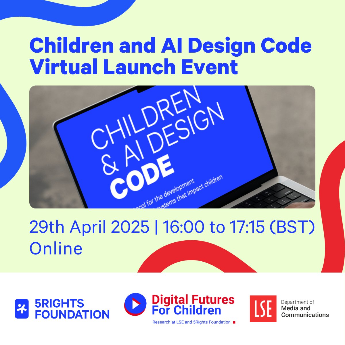 🚸Let's make sure the rise of AI is a gift for children, not a curse.

Join our virtual launch of our Children &amp; AI Design Code! With leading voices in digital governance alongside experts behind the Code.

🗓️29/04
🕓16:00-17:15 (BST)
🖋️ events.teams.microsoft.com/event/d61abacc…