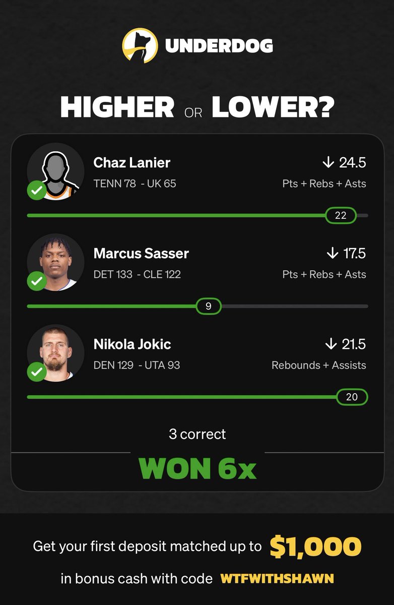 WTFWithShawn's tweet photo. Real Wins Using These Tools

I’m not just hyping it. I’m using it — and winning.

Here’s a look at some of my recent Underdog wins using the Optimizer:

These tools found all of these plays. I just plugged ’em in. 

Use my code WTF for 25% OFF your first month.

Join here: https://t.co/2hqZfgIblp
