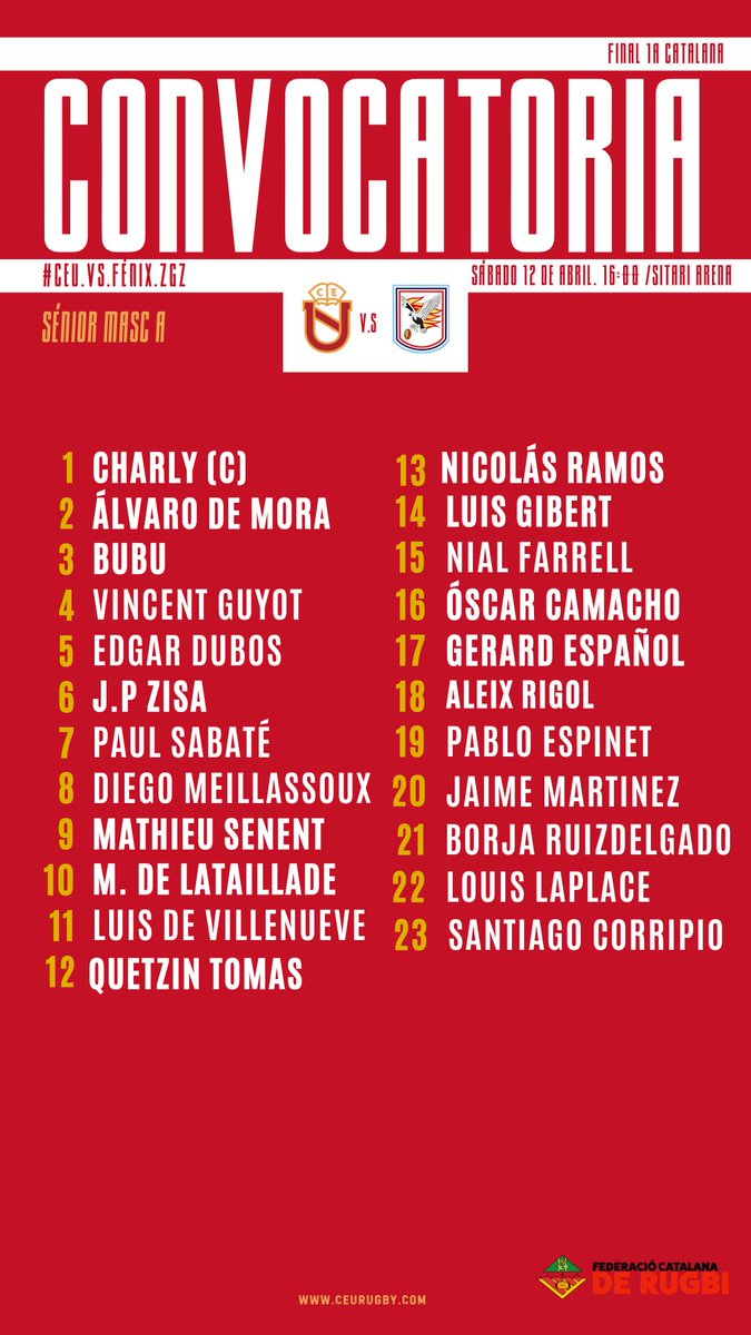 ceurugby's tweet photo. Els 23 jugadors convocats que disputaran la gran final de 1a Divisió Catalana https://t.co/wgLNM8NR14
