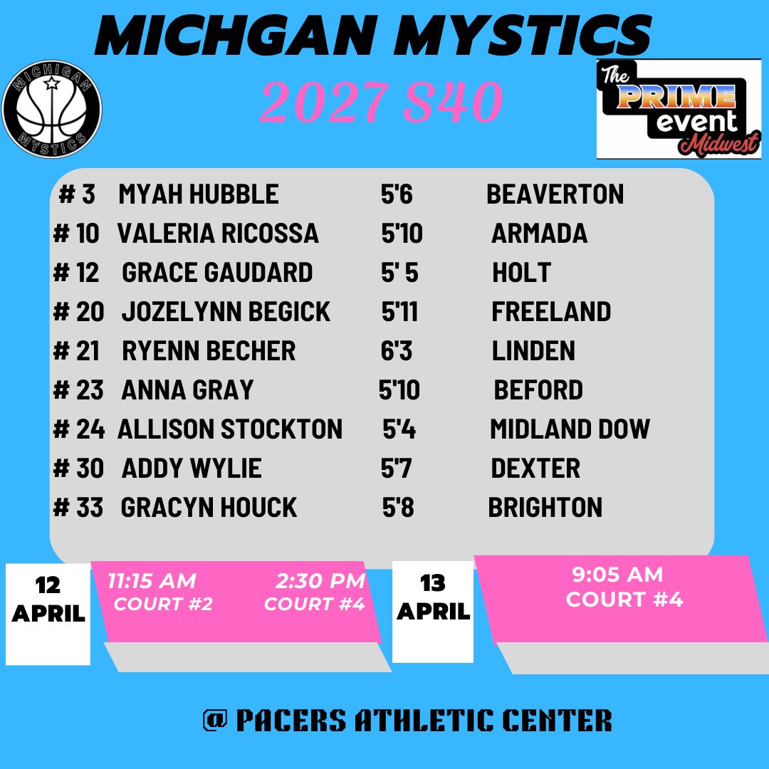 Michigan Mystics 2027 S40 (@2027mystics) on Twitter photo Mystics 2027 S40 is ready to compete in the first tournament of the season. Here is our schedule at The Prime Event this weekend in Westfield, IN <a href="/MImystics/">Michigan Mystics</a> Mystics 2027 S40 is ready to compete in the first tournament of the season. Here is our schedule at The Prime Event this weekend in Westfield, IN <a href="/MImystics/">Michigan Mystics</a>
