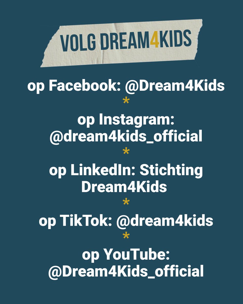 🚫 Dream4Kids is niet langer actief op X.
💛 Maar geen zorgen: je kunt ons blijven volgen via onze andere kanalen!
👉 Facebook, Instagram, LinkedIn, TikTok &amp; YouTube
📲 Zie de afbeelding voor alle accounts!

#Dream4Kids #VolgOns #BlijfOpDeHoogte