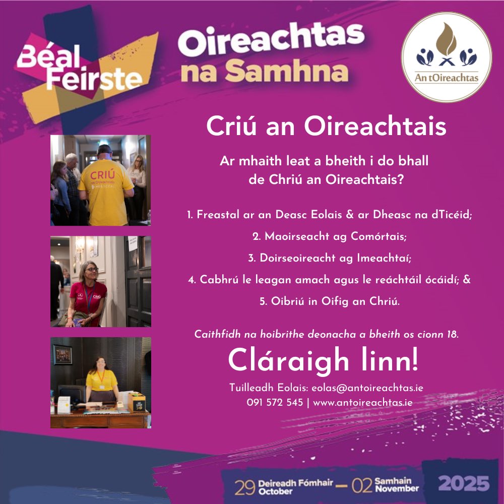 📣Ar mhaith leat a bheith i do bhall de Chriú an Oireachtais?📣 Táimid ag iarraidh grúpa daoine, a bhfuil grá, dílseacht agus paisean acu do chur chun cinn na teanga a thabhairt le chéile le bheith rannpháirteach in Oireachtas na Samhna!
Cláraigh linn: antoireachtas.ie/oireachtas-na-…