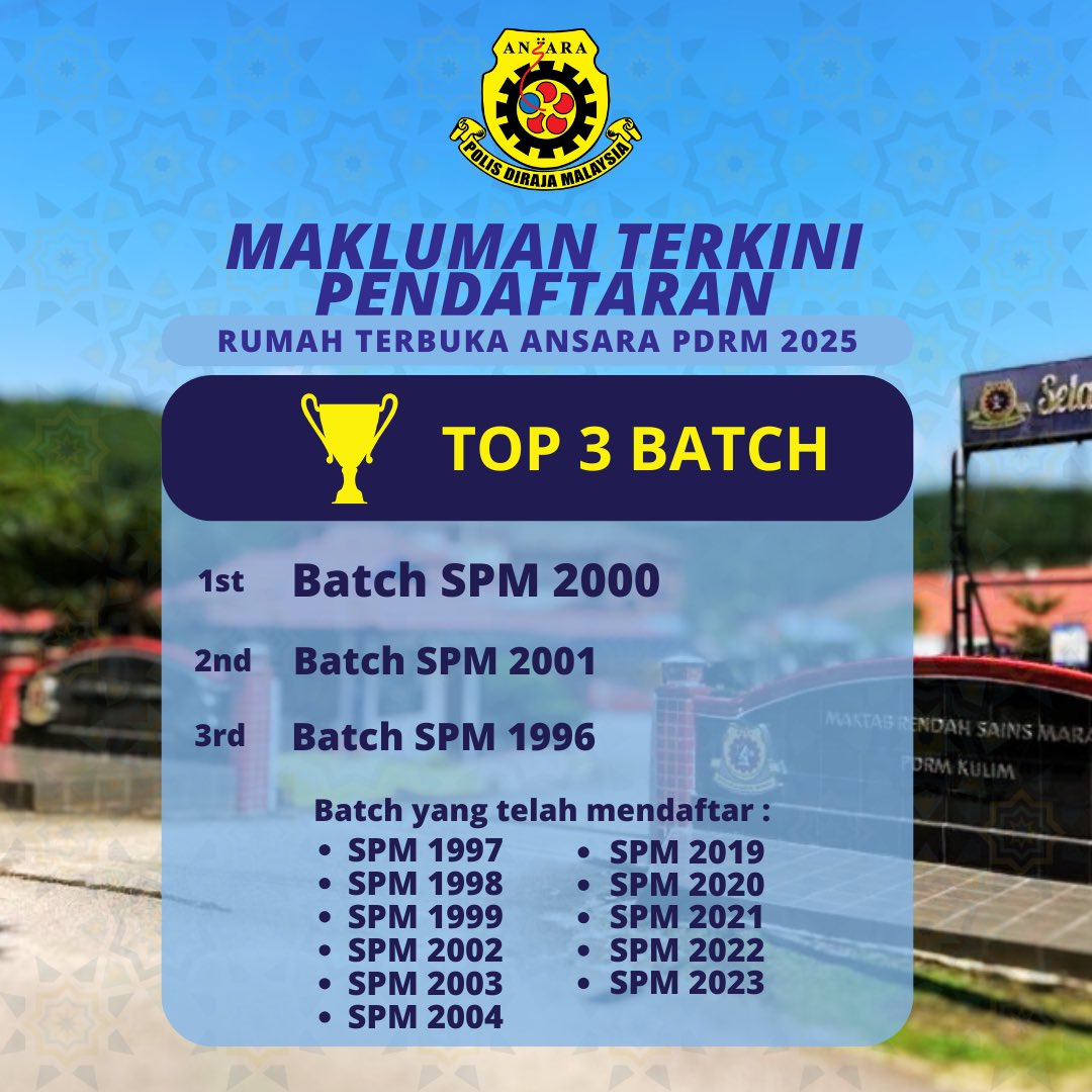ansarapdrm's tweet photo. Jom ramai-ramai daftar Rumah Terbuka ANSARA PDRM 2025!

Batch lain dah ramai, kita jangan ketinggalan.

Klik pautan di bawah untuk daftar:

https://t.co/GD1agQJNnC https://t.co/K1T60HscWS