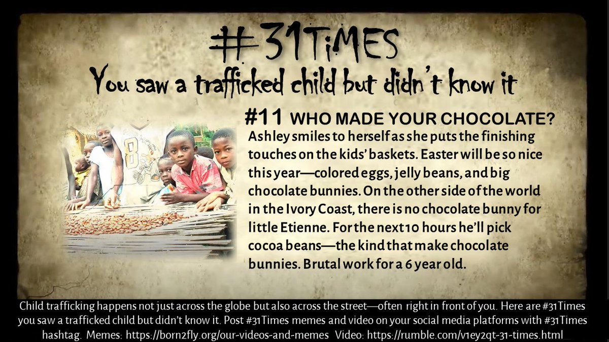 JusticeReportr's tweet photo. #31TiMES you were face to face with a trafficked child but didn't know it.

#11: Who made your chocolate?

Child trafficking has many faces. Don't miss the one right in front of you.

#31TiMES is published each day in April. #31TiMES documentary by @PainsAngels2 and @JusticeReportr ---- https://t.co/YykHXWUTiU.