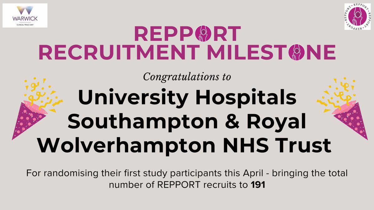 REPPORT (@repporttrial) on Twitter photo Kudos to our amazing REPPORT sites🎉
Our excellent 'ton' teams in Wolverhampton <a href="/RWT_NHS/">The Royal Wolverhampton NHS Trust 🏥</a> and Southampton <a href="/UHSFT/">University Hospital Southampton 💙</a> have both randomised their first REPPORT participants this April❤️
The study now has 191 participants and counting - almost at 200!
<a href="/AndyMetOrtho/">Andy Metcalfe</a> <a href="/TobyOSmith/">Toby Smith</a> Kudos to our amazing REPPORT sites🎉
Our excellent 'ton' teams in Wolverhampton <a href="/RWT_NHS/">The Royal Wolverhampton NHS Trust 🏥</a> and Southampton <a href="/UHSFT/">University Hospital Southampton 💙</a> have both randomised their first REPPORT participants this April❤️
The study now has 191 participants and counting - almost at 200!
<a href="/AndyMetOrtho/">Andy Metcalfe</a> <a href="/TobyOSmith/">Toby Smith</a>
