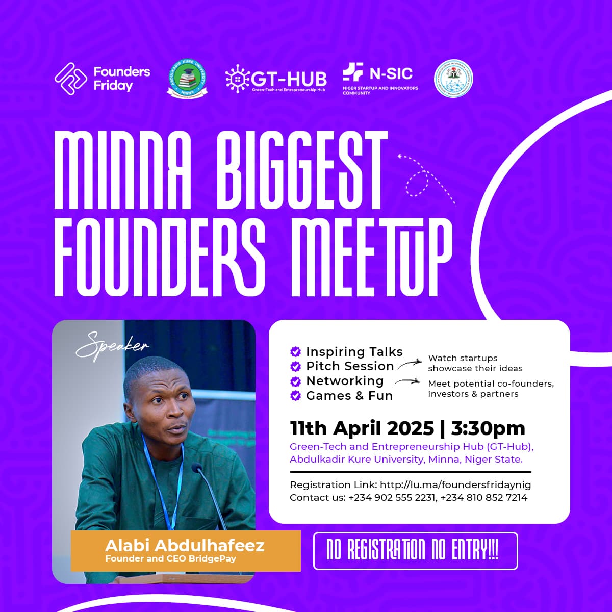 Our CEO &amp; Founder, <a href="/itsAlabi/">Alabi Abdulhafeez (mralabi)</a>, will be speaking at Minna’s Biggest Founders Meetup this Friday, April 11th at 3:30PM.

He’ll be sharing real tips on how to pitch your startup and secure early stage funding.

Don’t miss it.

#FoundersFriday #BridgePay #StartupFunding #MinnaMeetup