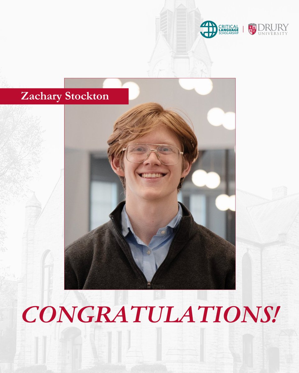 Drury junior Zachary Stockton has been named a finalist in the U.S. Department of State’s Critical Language Scholarship Awards program! Zachary will spend 8 weeks in Arusha, Tanzania living with a host family. Congratulations, Zachary!

Read more: bit.ly/4jmeCWu