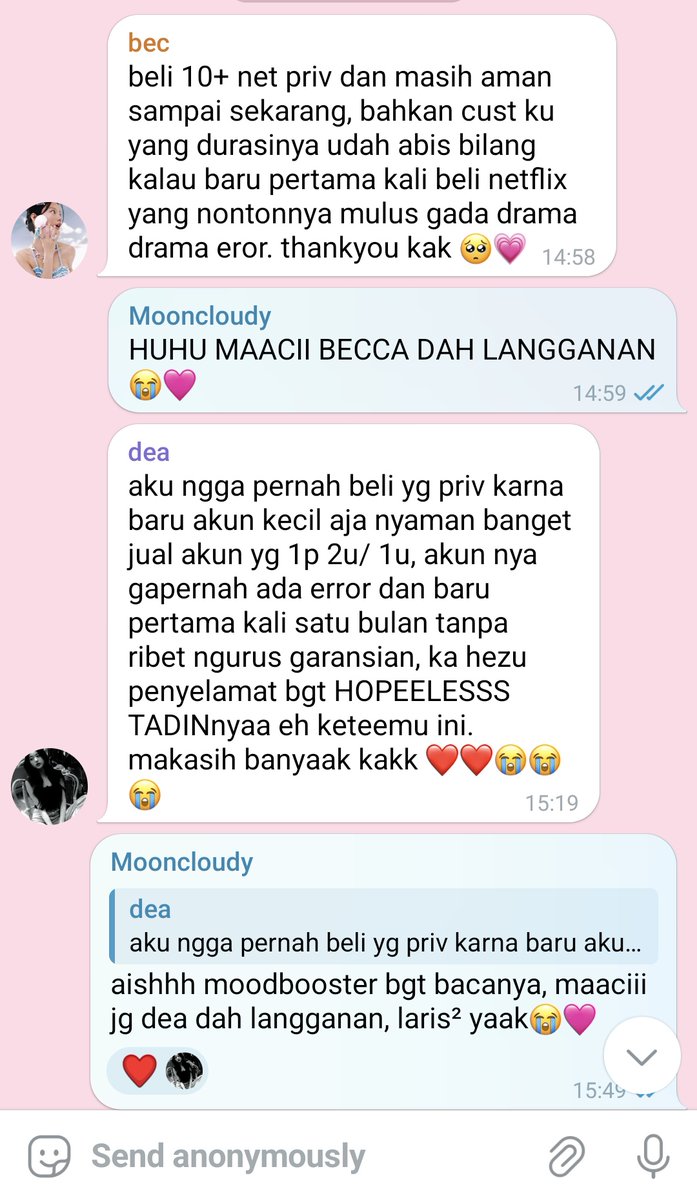 mooncloudy22's tweet photo. beberapa testi dari resellerku🥺❤️
yg mau join group netflix masih bisa yaa
.
#zonauang https://t.co/hOecPvEHb9