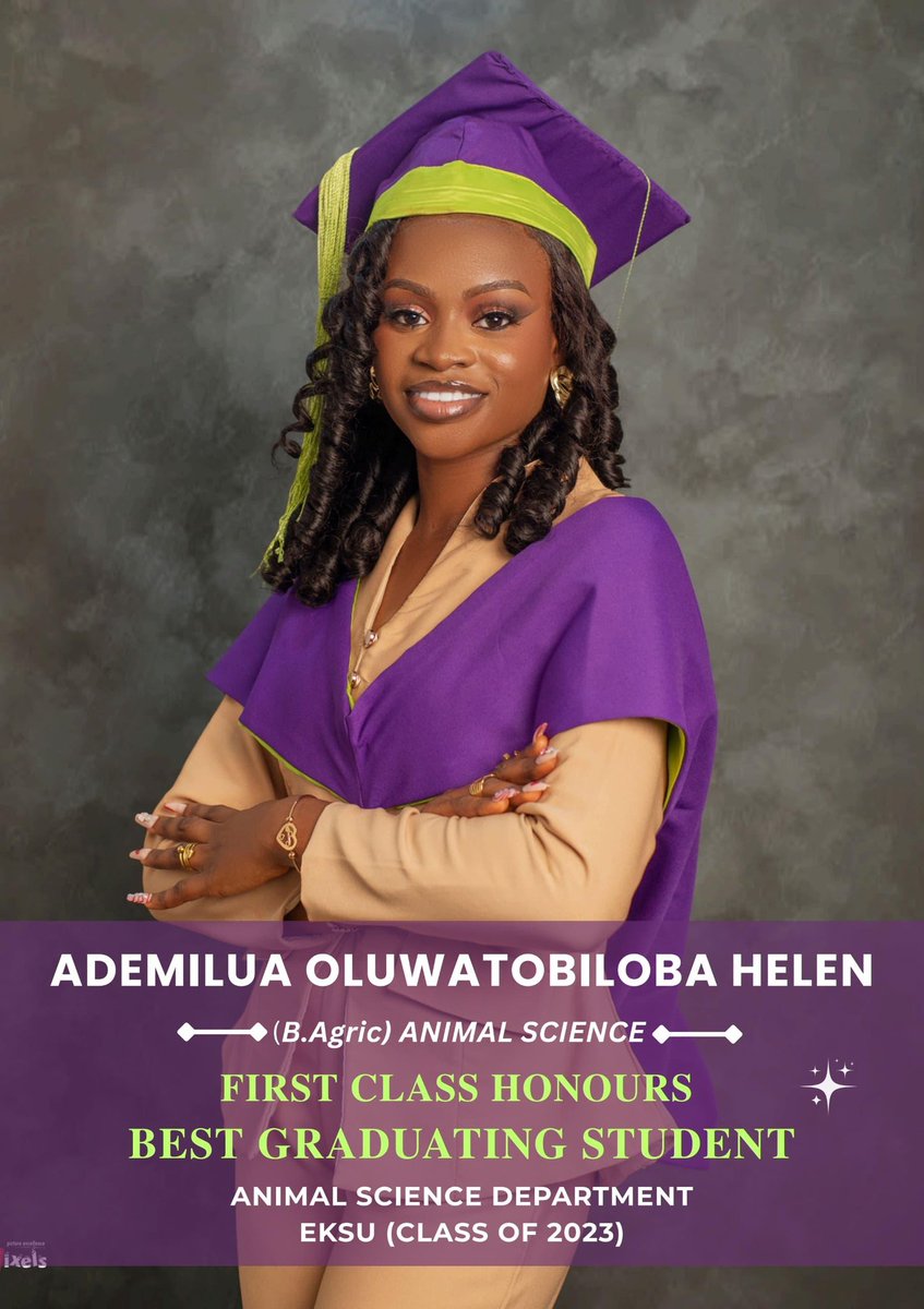 Helensmile01's tweet photo. Two weeks ago, I bagged a Degree🧑🎓🎉
BACHELOR OF AGRICULTURE IN ANIMAL SCIENCE
✅ First Class Honours
✅ BGS, Animal Science Dept.
✅ Class '23🎓
#eksu #convocation #firstclasshonours #graduation #bestgraduatingstudent https://t.co/1thujEiKBS