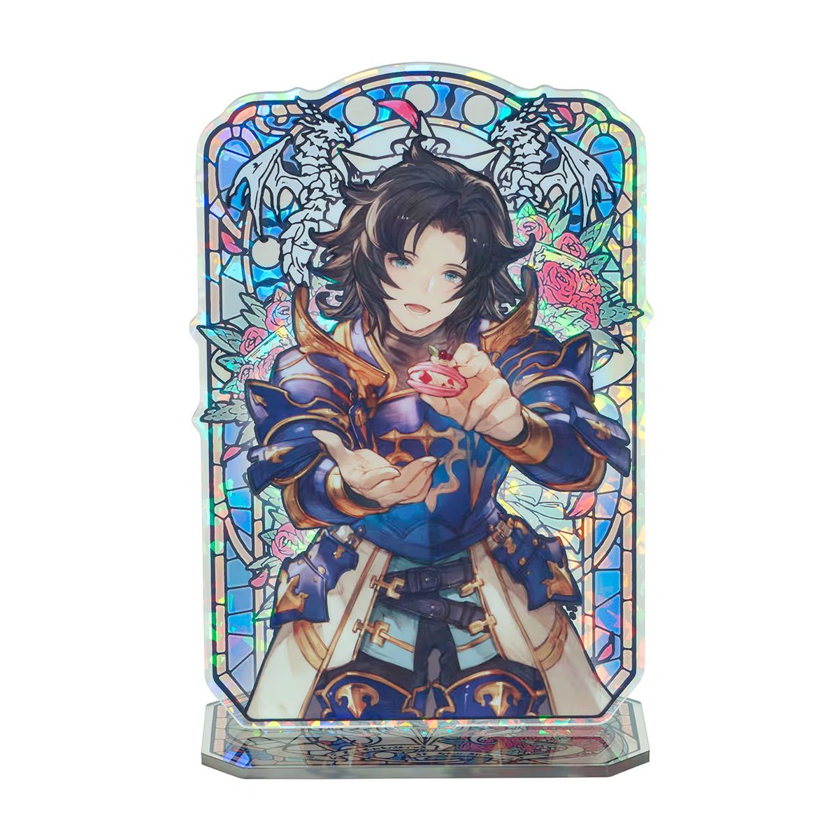 granblue_en's tweet photo. Stained glass style acrylic stands featuring the White Day art of the Dragon Knights, running 2500 yen each.

The art portion of the stand measures about 17cm x 11cm. https://t.co/siG4L2lEfD
