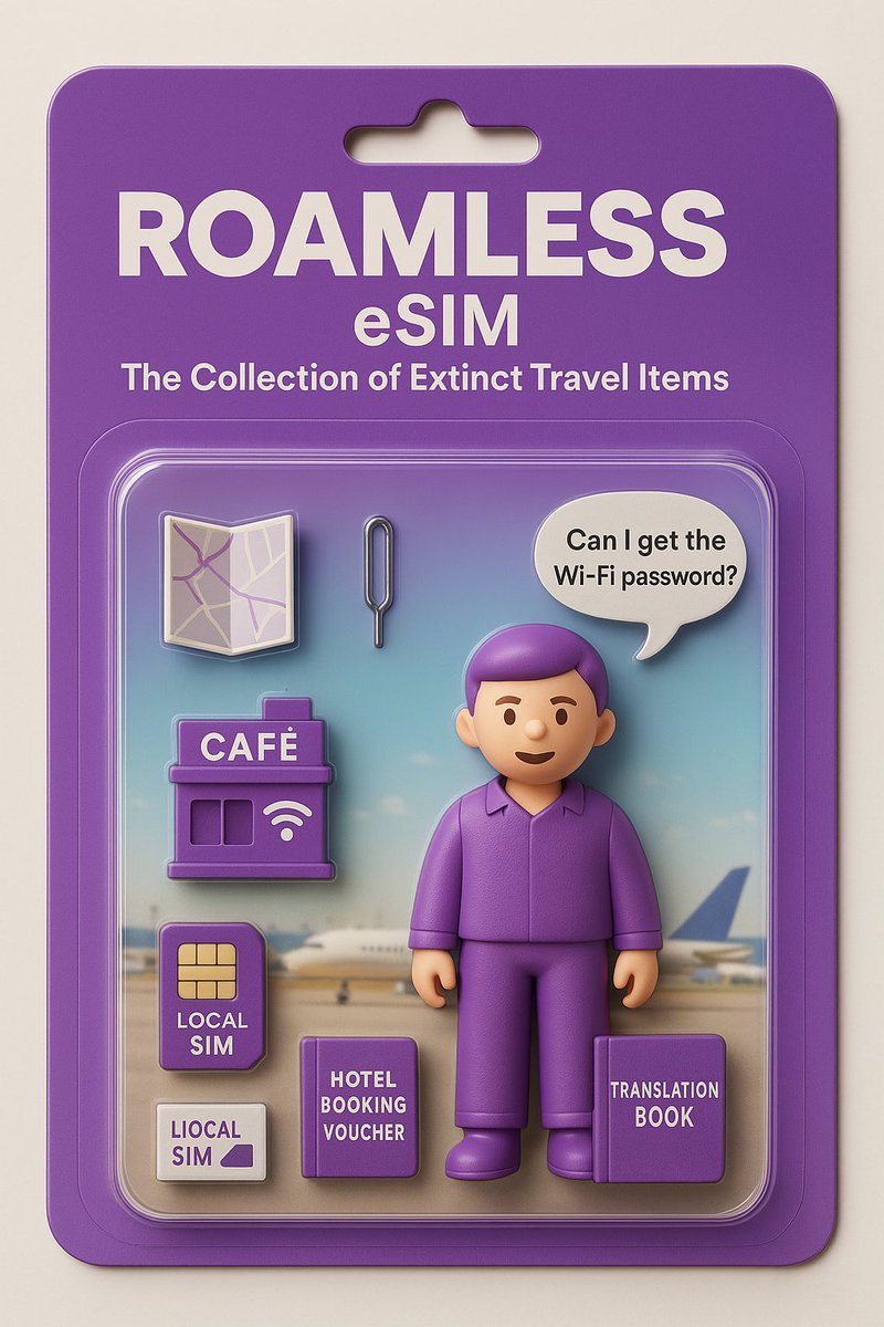 🎒 Travel essentials… from the past.

📍 Local SIM?
📍 Paper maps?
📍 Translation book?
📍 Asking for the Wi-Fi password?

Yeah, we’ve moved on.

🌍 Meet Roamless eSIM — one app, Single Global eSIM™, no SIM swaps, zero stress.

#Roamless #eSIM