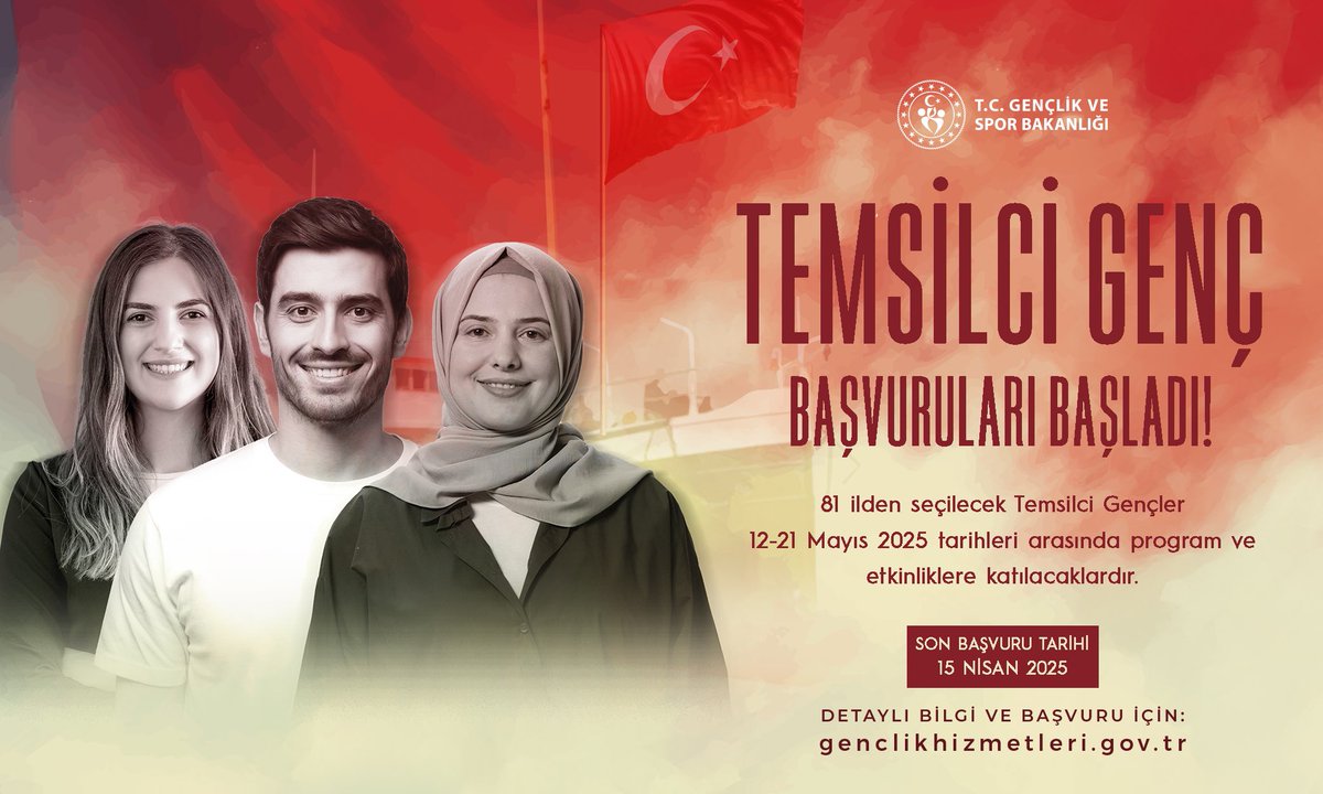 📌TEMSİLCİ GENÇ BAŞVURULARI BAŞLADI!

📍 Türkiye'nin 81 ilinden seçilecek gençlerimiz 12-21 Mayıs'ta etkinliklere katılıyor!  

⏰ Son başvuru tarihi:15 Nisan 2025.  

📲 Daha fazla bilgi ve başvuru için: genclikhizmetleri.gov.tr

<a href="/OA_BAK/">Dr. Osman Aşkın Bak</a> <a href="/gencliksporbak/">Gençlik ve Spor Bakanlığı 🇹🇷</a>