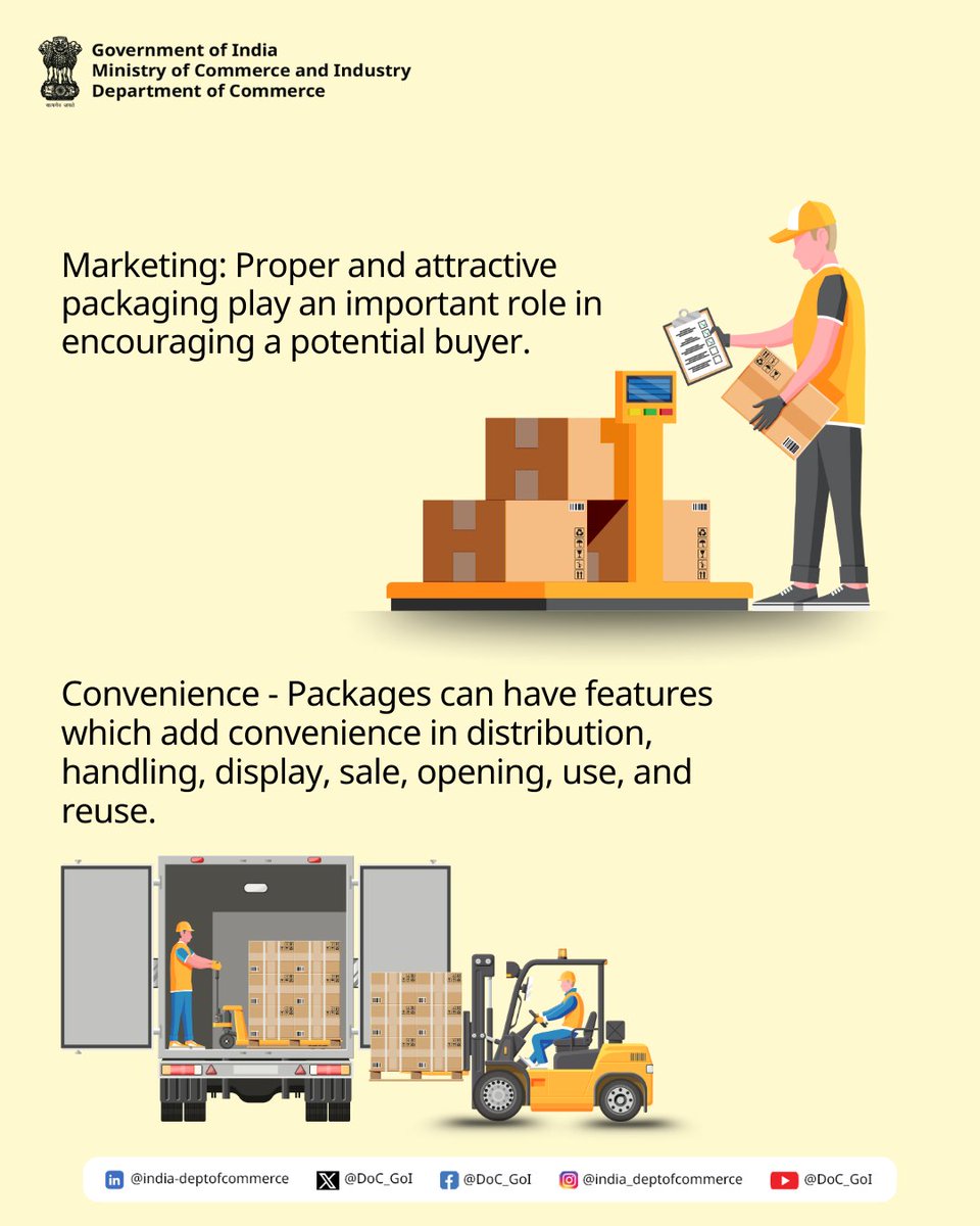 DoC_GoI's tweet photo. What makes packaging essential in exports? From physical protection and cost-efficiency to security, marketing, and ease of use—packaging ensures that goods reach global markets safely and effectively.
#ExportPackaging #LogisticsMatters #DoC_GoI https://t.co/zQe0yF1RKP