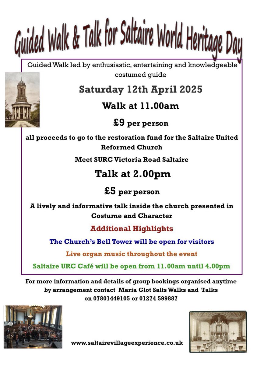#LastCall for the #Saltaire World Heritage Day guided walk with Maria Glot tomorrow at 11am (£9) and boy can she talk. At 2pm she’ll do just that, talk about #TitusSalt, his village and the workers who made him rich (£5).
Meet at the United Reformed Church Saturday April 12th