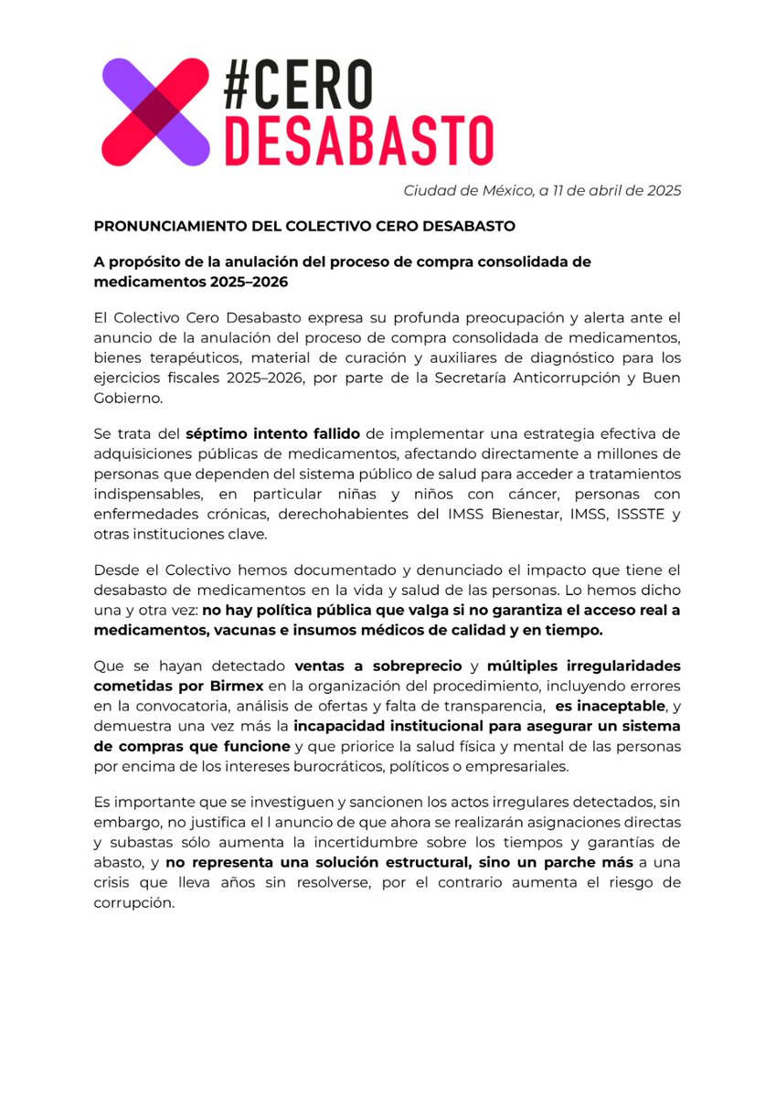 cerodesabasto's tweet image. 🚨 Pronunciamiento tras la cancelación del proceso de compra consolidada 2025–2026.

⚠️ Esta decisión pone en riesgo millones de vidas. Exigimos transparencia, sanciones y soluciones estructurales.

📝 Lee y comparte el pronunciamiento completo

📢 La salud es un derecho