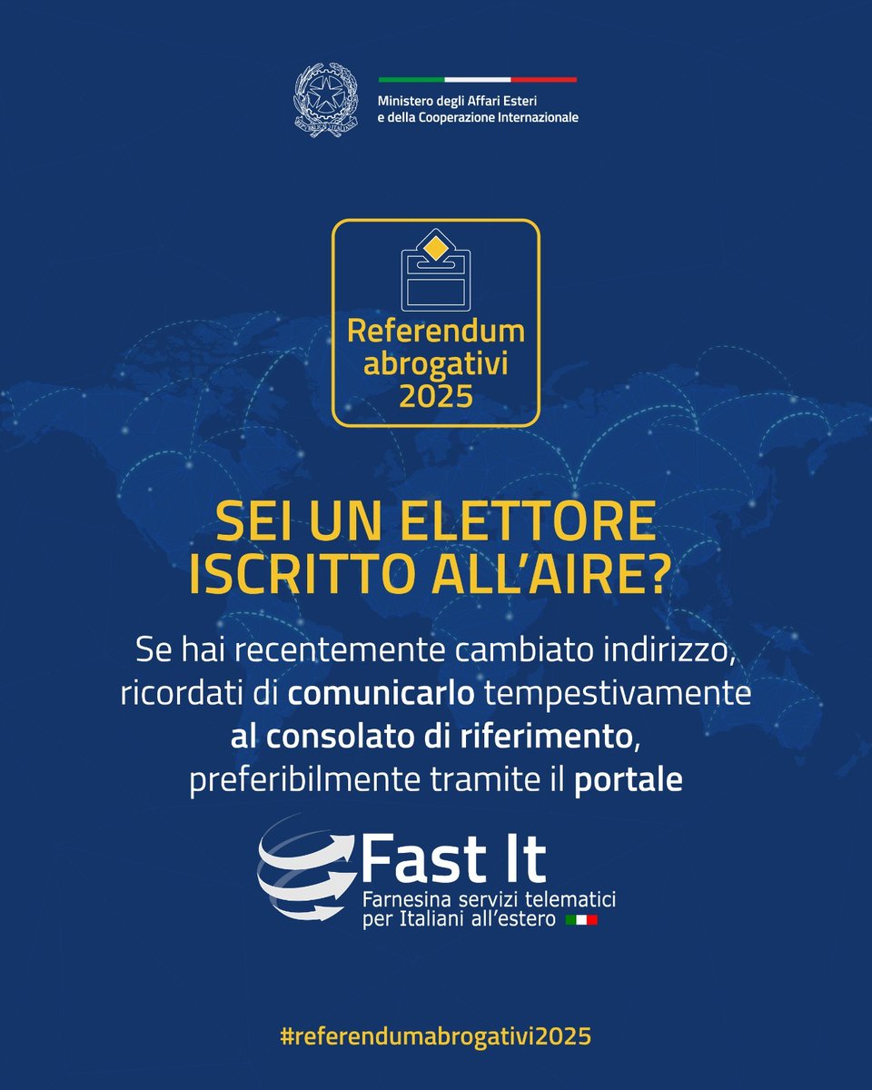 #Referendumabrogativi2025
🗳️ Sei un elettore iscritto all’AIRE?
❗Se hai recentemente cambiato indirizzo, ricordati di comunicarlo tempestivamente al tuo Consolato di riferimento, preferibilmente tramite il portale #FastIt.
👇
serviziconsolari.esteri.it/ScoFE/index.sco
