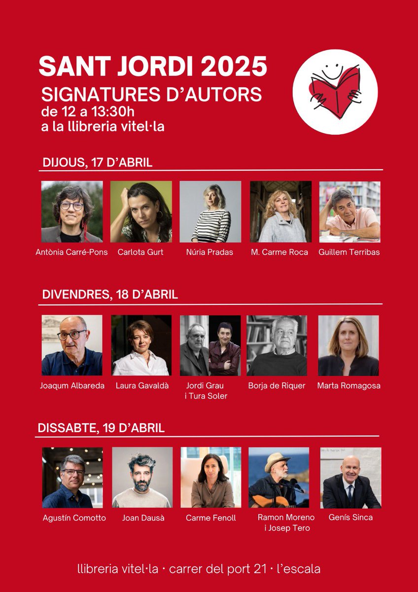 Signatures #StJordi25 amb <a href="/CarrePons/">Antònia Carré-Pons</a> <a href="/CarlotaGurt/">La Gurt</a> <a href="/NuriaPradas/">Núria Pradas</a> #mcarmeroca <a href="/guillemterribas/">Guillem Terribas Roca</a> #joaquimalbareda #lauragavalda <a href="/jordigraur/">Jordi Grau Ramió</a> #turasoler #BorjaDeRiquer <a href="/Romagosamarta/">Marta Romagosa</a> #agustincomotto <a href="/joandausa/">Joan Dausà</a> <a href="/CarmeFenoll/">Carme Fenoll</a> #ramonmoreno <a href="/TeroJosep/">Josep Tero</a> <a href="/GenisSinca/">Genís Sinca</a> 
Veniu a fer el vol!📚🌹🌊