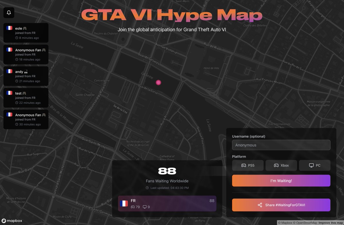 atelierphnx's tweet photo. 🔥 Still waiting for #GTA6?
You’re not alone.
🌍 Join the global hype map
📍 Drop your pin in real time
📈 Watch the counter rise
🥇 See which country’s leading the wait

👉 https://t.co/jIJezTm7O2

@GTAVI_Countdown 
#GTA6HypeMap #GTAVI #RockstarGames https://t.co/4qPBLFlXXe