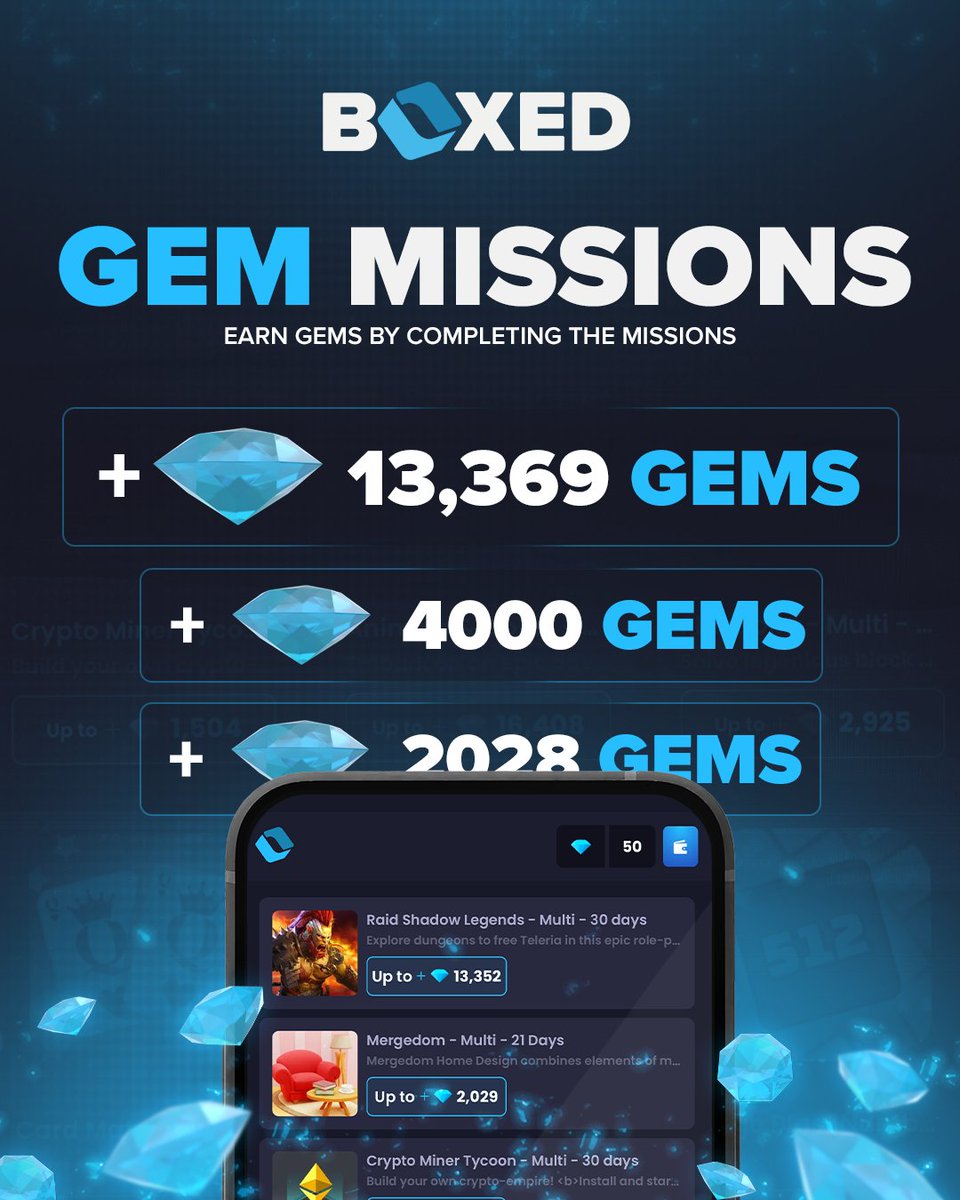 BOXEDHQ's tweet photo. Fancy earning yourself some gems for completing various missions? Of course you do 💎

Get earning today 👉 https://t.co/tYASr5RLe8 https://t.co/hLeeCuuTuQ