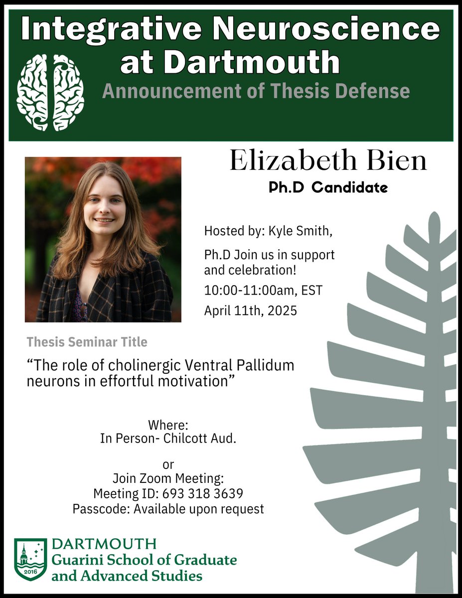 Integrative Neuroscience at Dartmouth (IND) (@dartmouthneuro) on Twitter photo Thesis Defense Announcement: Please join us on Friday, April 11th at 10am in Chilcott Auditorium to support Elizabeth in presenting her thesis seminar! <a href="/DartmouthGRAD/">Dartmouth GRAD Students</a> <a href="/DartmouthPBS/">Dartmouth Psychological and Brain Sciences</a> Thesis Defense Announcement: Please join us on Friday, April 11th at 10am in Chilcott Auditorium to support Elizabeth in presenting her thesis seminar! <a href="/DartmouthGRAD/">Dartmouth GRAD Students</a> <a href="/DartmouthPBS/">Dartmouth Psychological and Brain Sciences</a>