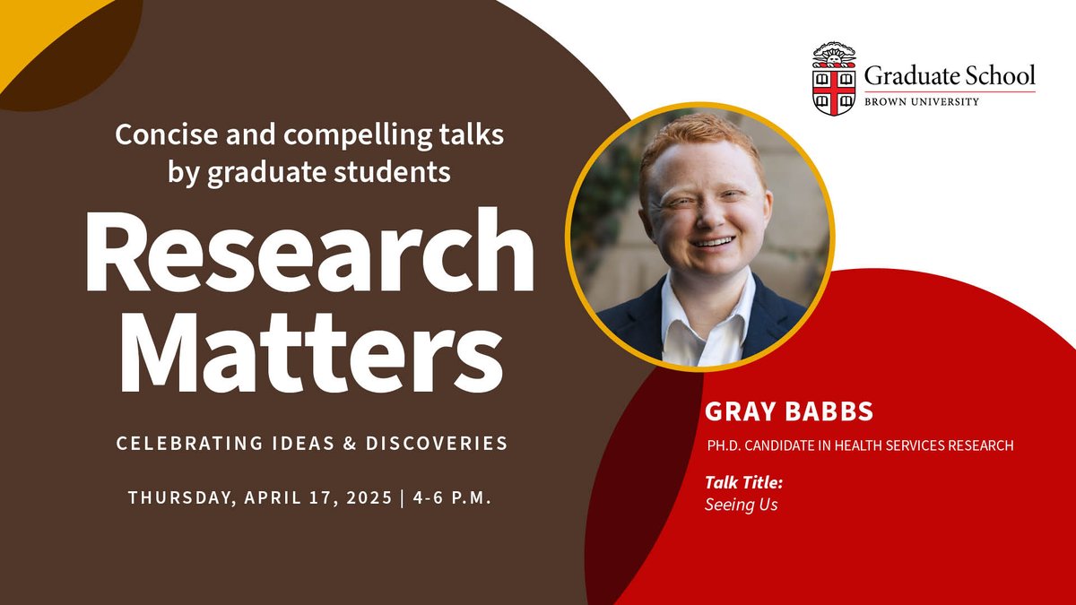 Brown Grad School (@browngradschool) on Twitter photo Introducing the 2025 Research Matters Speakers!
Gray Babbs, Ph.D. Candidate in Health Services Research
Presents: Seeing Us
Join us on Thursday, April 17 at 4 pm, Grant Recital Hall.
Learn more: graduateschool.brown.edu/research-matteā¦
<a href="/Brown_SPH/">Brown University School of Public Health</a> Introducing the 2025 Research Matters Speakers!
Gray Babbs, Ph.D. Candidate in Health Services Research
Presents: Seeing Us
Join us on Thursday, April 17 at 4 pm, Grant Recital Hall.
Learn more: graduateschool.brown.edu/research-matteā¦
<a href="/Brown_SPH/">Brown University School of Public Health</a>