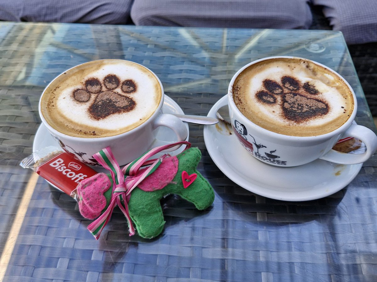 jaq421's tweet photo. Loveky catch up with Julie & Ady In The Dog House . I’m. A boring tea drinker so #sybilontour was delighted with the paw print coffee whist raising awareness of #huningtonsdisease xxx https://t.co/kkMtsYOUtT