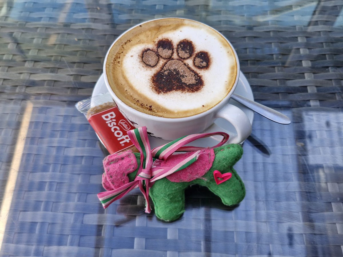 jaq421's tweet photo. Loveky catch up with Julie & Ady In The Dog House . I’m. A boring tea drinker so #sybilontour was delighted with the paw print coffee whist raising awareness of #huningtonsdisease xxx https://t.co/kkMtsYOUtT