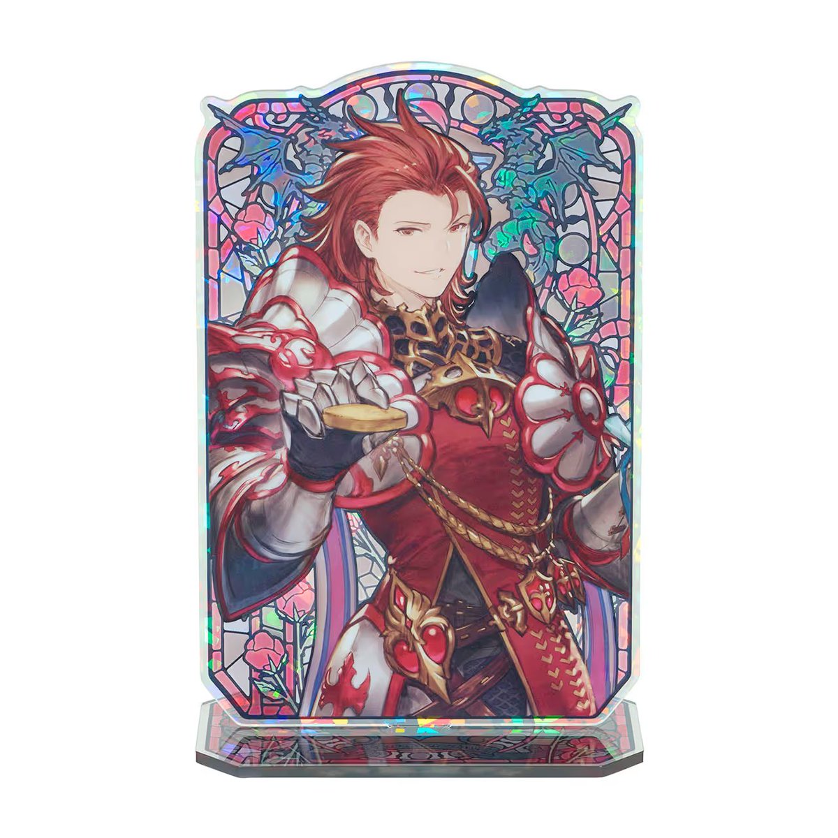 granblue_en's tweet photo. Stained glass style acrylic stands featuring the White Day art of the Dragon Knights, running 2500 yen each.

The art portion of the stand measures about 17cm x 11cm. https://t.co/siG4L2lEfD