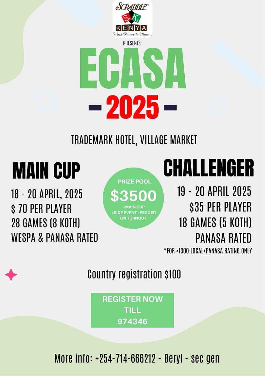 PANASAScrabble's tweet photo. Tell A Scrabble Player In Your Region, Tell Your Word Lord. 🗣️ ECASA 2025 Scrabble Championship Beckons. 

Kenya hosts the best of the bests Scrabble Player in Nairobi. Register now to defend your country and region.
#EASTAFRICA #CENTRALAFRICA #SOUTHAFRICA https://t.co/gWdSAOpYoR
