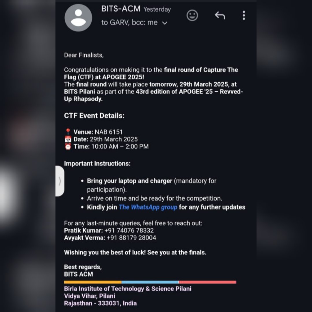 BCA_ANC's tweet photo. "Congrats to Akshat Kumar for reaching the finals of the Capture The Flag challenge at #APOGEE2025 by #BITS_Pilani! A thrilling journey of hacking, learning &amp; leveling up!"

#CTF2025 #CyberWarrior #HackTheFlag #ANCPatna #BCA #TechVictory #FlagCaptured #Trending #CTFChallenge https://t.co/wCvNLCR1XI