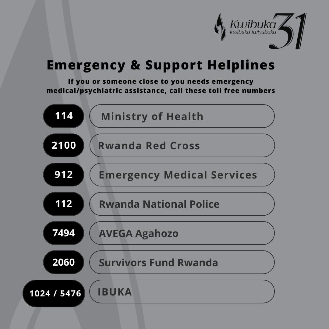During this commemoration period, your safety and well-being matter. If you or someone you know needs support, please don’t hesitate to reach out. The following toll-free numbers are available for emergencies and psychological support. #Kwibuka31