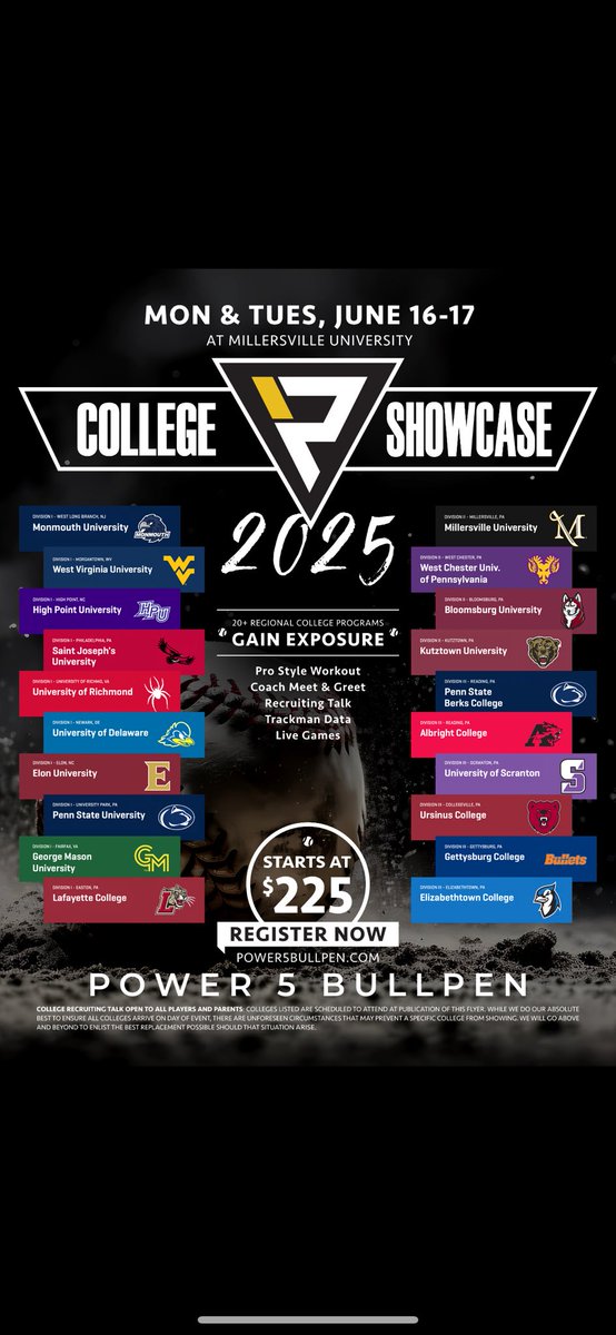 Three more schools just joined this incredible lineup of schools. Don’t miss your shot to be part of it.

Just added;
Shippensburg University
Misericordia University
Wilmington University 

Register at power5bullpen.com