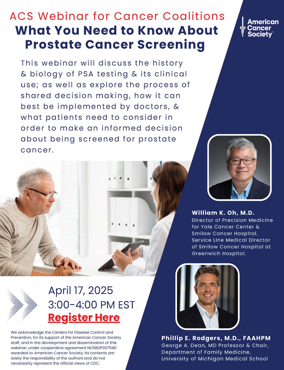 Smilow Cancer Hospital (@smilowcancer) on Twitter photo On Thursday, April 17 from 3-4pm, <a href="/WilliamOhMD/">William K. Oh MD</a> is participating in an <a href="/AmericanCancer/">American Cancer Society</a> Webinar for Cancer Coalitions: 'What You Need to Know About #ProstateCancer Screening.'
Learn more and register: bit.ly/4j3oggM
<a href="/YaleCancer/">Yale Cancer Center</a> <a href="/YaleMed/">Yale School of Medicine</a> <a href="/YNHH/">Yale New Haven Hosp</a> On Thursday, April 17 from 3-4pm, <a href="/WilliamOhMD/">William K. Oh MD</a> is participating in an <a href="/AmericanCancer/">American Cancer Society</a> Webinar for Cancer Coalitions: 'What You Need to Know About #ProstateCancer Screening.'
Learn more and register: bit.ly/4j3oggM
<a href="/YaleCancer/">Yale Cancer Center</a> <a href="/YaleMed/">Yale School of Medicine</a> <a href="/YNHH/">Yale New Haven Hosp</a>
