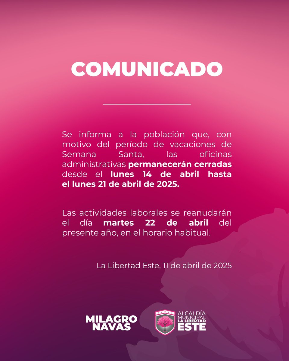 📣 I #Informamos

Cierre de oficinas administrativas de la Alcaldía de #LaLibertadEste con motivo de las vacaciones de Semana Santa, aplicable para los Distritos de Antiguo Cuscatlán, Nuevo Cuscatlán, Zaragoza, San José Villanueva y Huizúcar. 
.
#LaLibertadEste