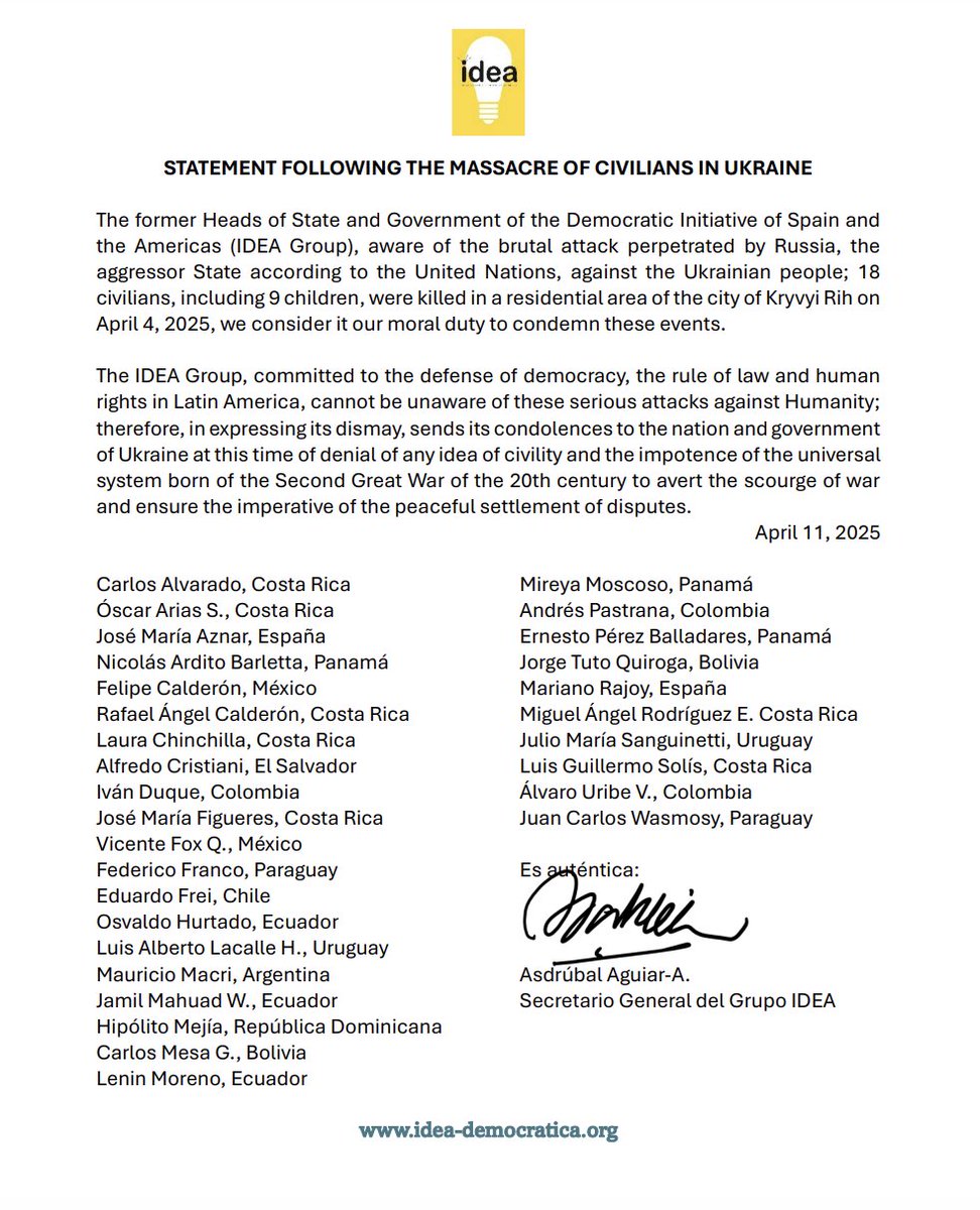 MFA_Ukraine's tweet photo. Thank you to 30 former heads of state and governments of Latin American nations and Spain @IDEA_Grupo for your solidarity in condemning Russia’s brutal attack on Kryvyi Rih. https://t.co/RMZoMdXtTK