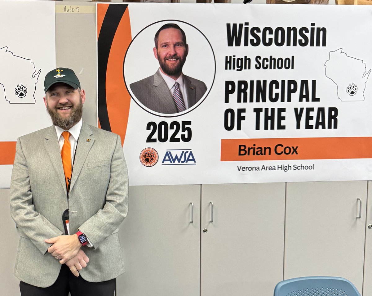 Congratulations to the 2025 Wisconsin High School Principal of the Year Dr. Brian Cox! Brian is the principal of Verona Area High School.