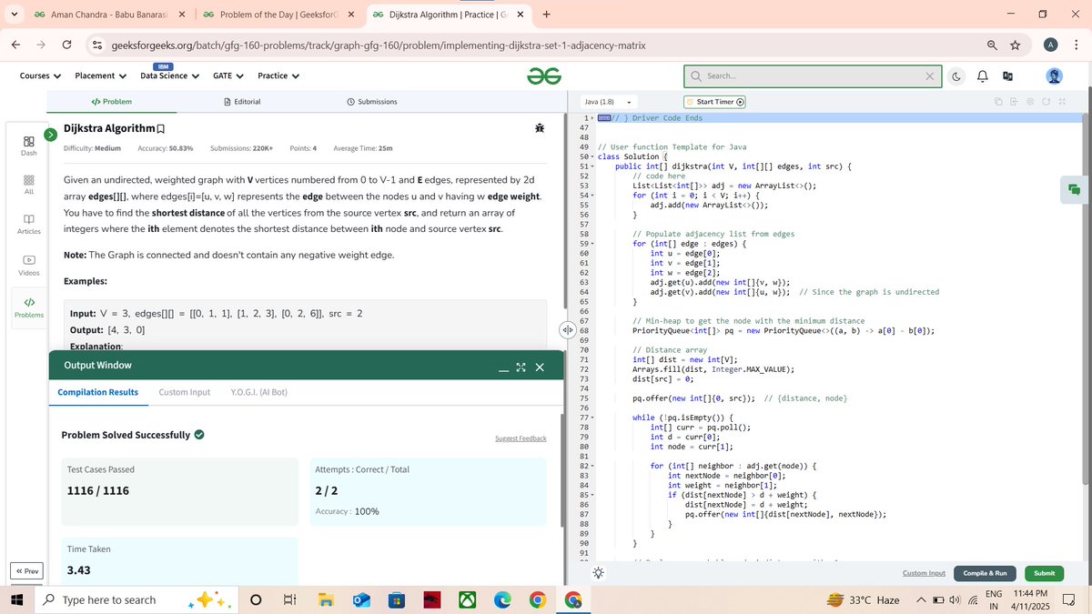 amanchandra___'s tweet photo. 🎯 @geeksforgeeks 160 Days of Problem Solving Challenge
✅ Day 144 of the #gfg160 challenge completed!

Problem of the Day : Dijkstra Algorithm

#gfg160 #geekstreak2024 #problemsolving #codingchallenge #potd #gfg #geeksforgeeks #codingstreak #DSA https://t.co/EgA2AljINr