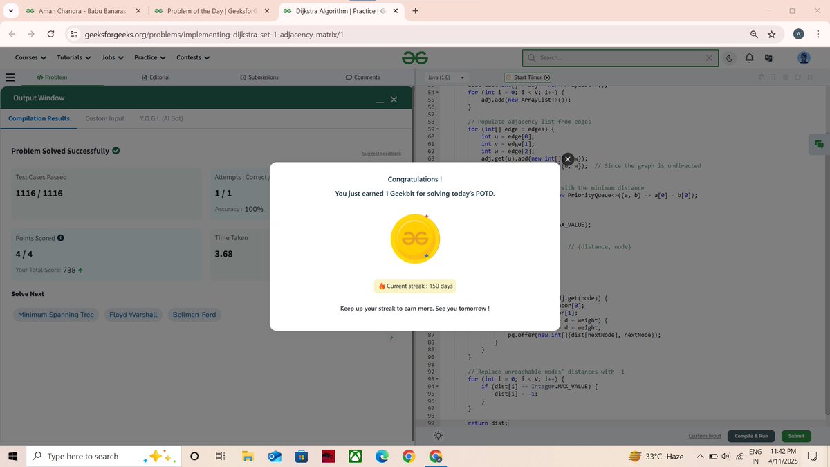 amanchandra___'s tweet photo. 🎯 @geeksforgeeks 160 Days of Problem Solving Challenge
✅ Day 144 of the #gfg160 challenge completed!

Problem of the Day : Dijkstra Algorithm

#gfg160 #geekstreak2024 #problemsolving #codingchallenge #potd #gfg #geeksforgeeks #codingstreak #DSA https://t.co/EgA2AljINr