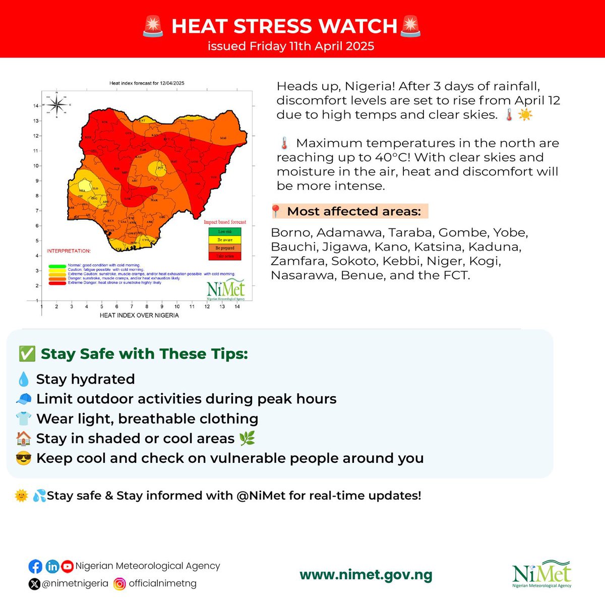 🔥 HEAT STRESS WATCH – April 11, 2025 🔥

Heads up, Nigeria! After 3 days of rainfall, discomfort levels are set to rise from April 12 due to high temps and clear skies. 🌡️☀️

🌡️ Maximum temperatures in the north are reaching up to 40°C!

With clear skies and moisture in the air,