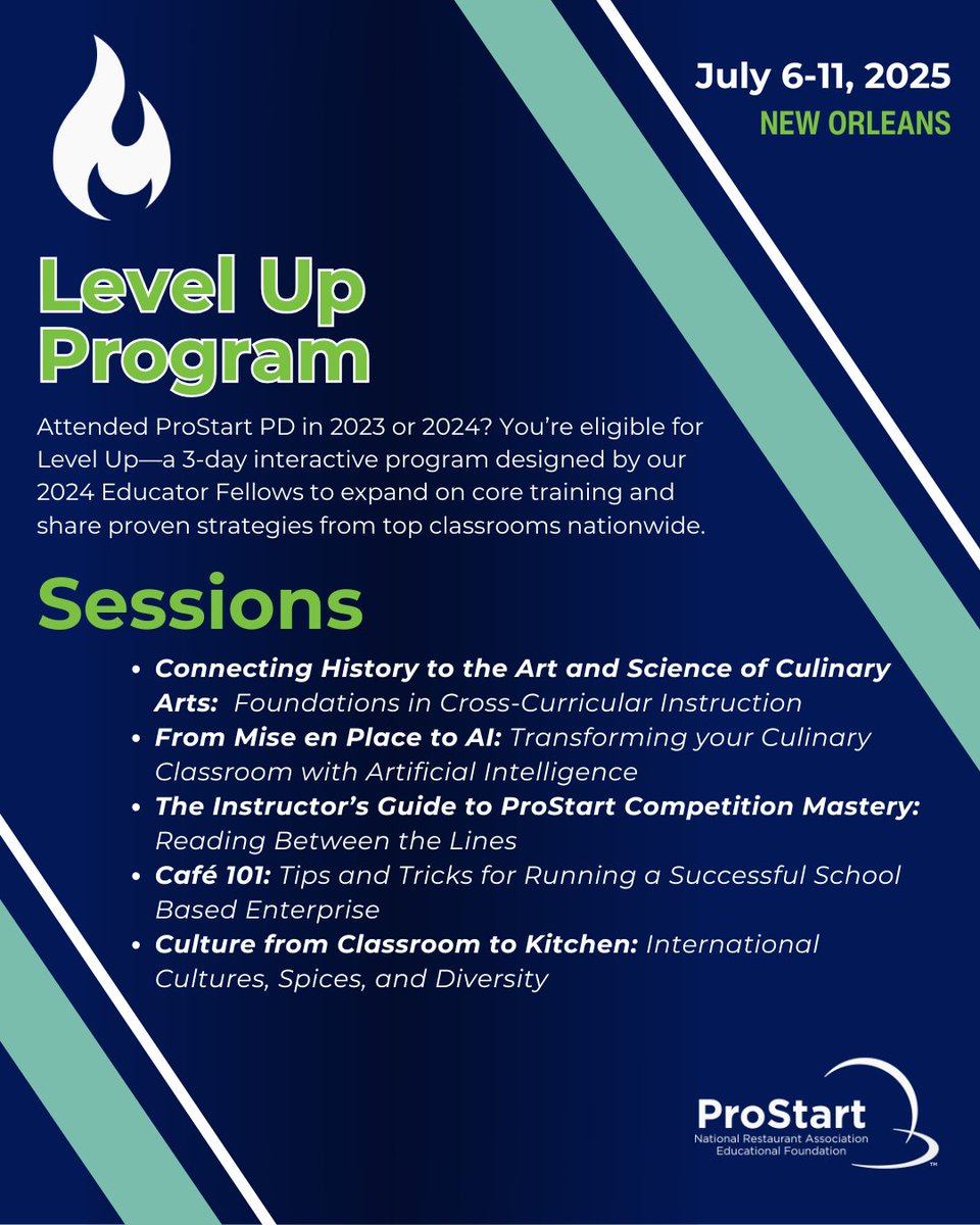 WeRRestaurants's tweet image. ProStart educators, join @NRAEF in New Orleans, July 6–11 for the 2025 ProStart PD experience!

Connect with fellow educators, gain insights from industry experts, and grow your network.

Spots fill fast — apply today: bit.ly/3XwgV0T
#MadeInProStart