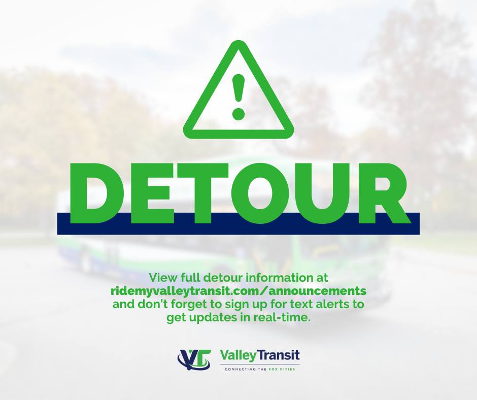🚧 UPCOMING DETOUR: 🚧
Route 20 - Heart of the Valley will operate on a detour in Kimberly due to the Maes Ave. closure effective Monday, April 14th.

To view full detour information, including routes and stop closures, visit our announcement page at ridemyvalleytransit.com/announcements. 📲