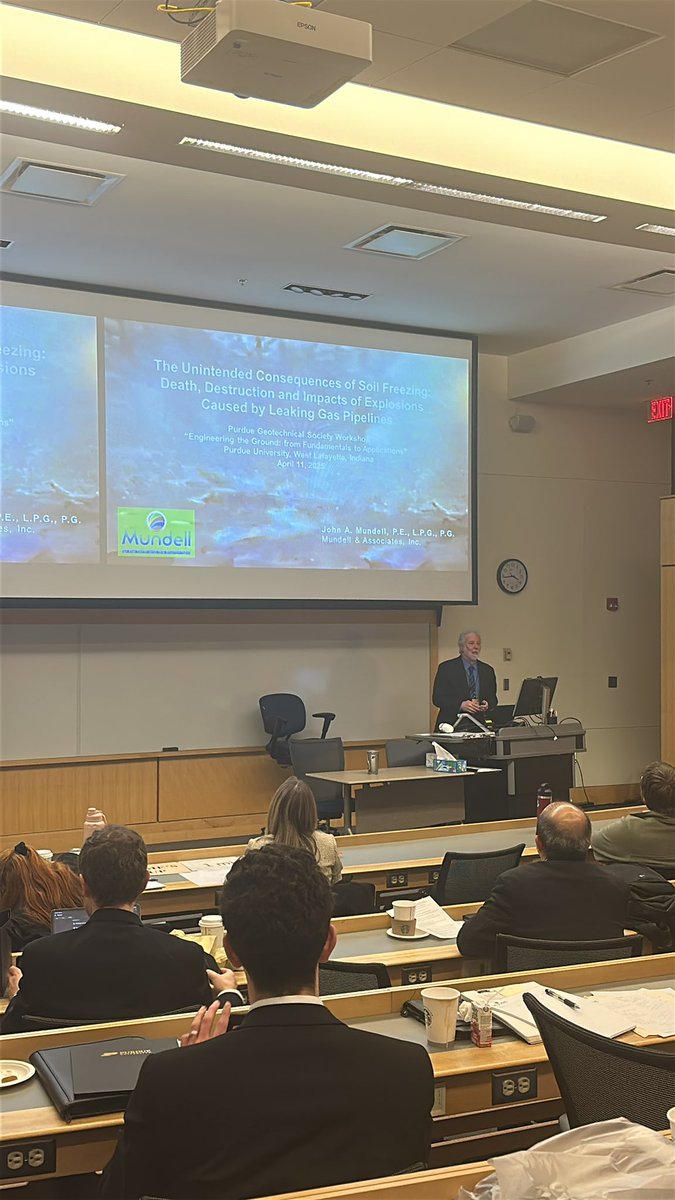 Purdue_PGS's tweet photo. Closing the workshop, John Mundell, Mundell &amp; Assoc., unveils ‘Unintended Consequences of Soil Freezing’ - gas leaks &amp; explosions. #PGS2025. https://t.co/aKwMICWKya