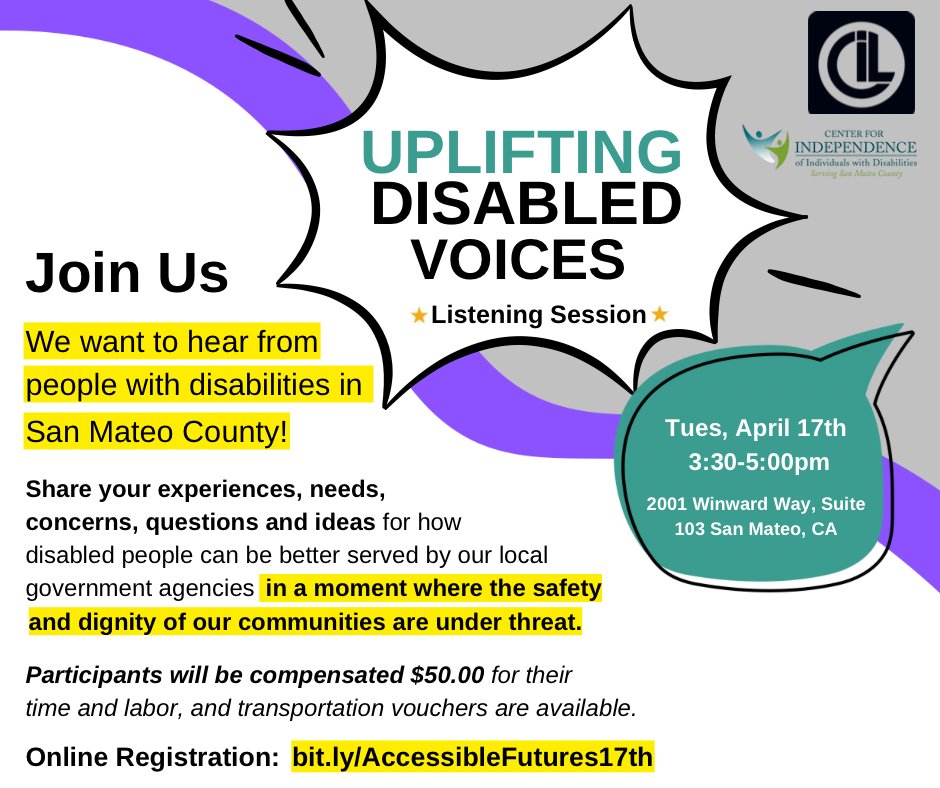 🔊 Disabled in San Mateo? Share your experiences at the Listening Session!

📅 April 17, 3:30 - 5:00pm (In-person @ CID + Zoom)
💰 $50 stipend + transit vouchers
Register now: bit.ly/AccessibleFutu…

#DisabilityRights #Accessibility