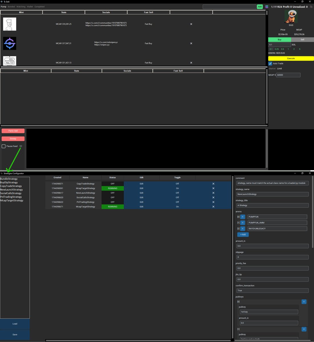 cryptometagm's tweet photo. Hello everyone, here's a peek at what the Strategies Configuration Tool will look like in the next version of Tx Defi.   On top of having premium features, TxDefi's flexible framework allows you to build your own trading strategies and manage them within a user friendly GUI. This is what really separates us from the rest of the crowd. Do you know of any bot on the market that has something like this?

Track this project on the discord https://t.co/TXza9NznW0