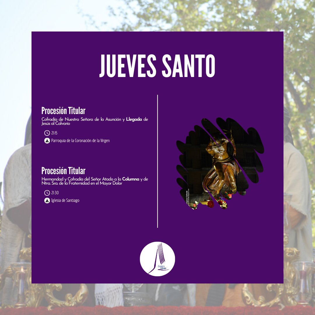 [Semana Santa 25] La tarde del #JuevesSanto la abre la Eucaristía a las 17.45. Desde esa hora un total de 10 procesiones recorren las calles <a href="/Prendimientozgz/">Prendimientozgz</a> <a href="/coOracionHuerto/">Real Cofradía Ntro Señor en la Oración del Huerto.</a> <a href="/silenciozgz/">Silencio Zaragoza</a> <a href="/cor_espinas_zgz/">Coronación Espinas</a>
<a href="/Descend_Zgz/">Cofr. Descendimiento</a> <a href="/cofradiallegada/">cofradialallegada</a> <a href="/lacolumnazgz/">Columna Zaragoza</a>
#SemanaSanta25 #SemanaSantaZgz