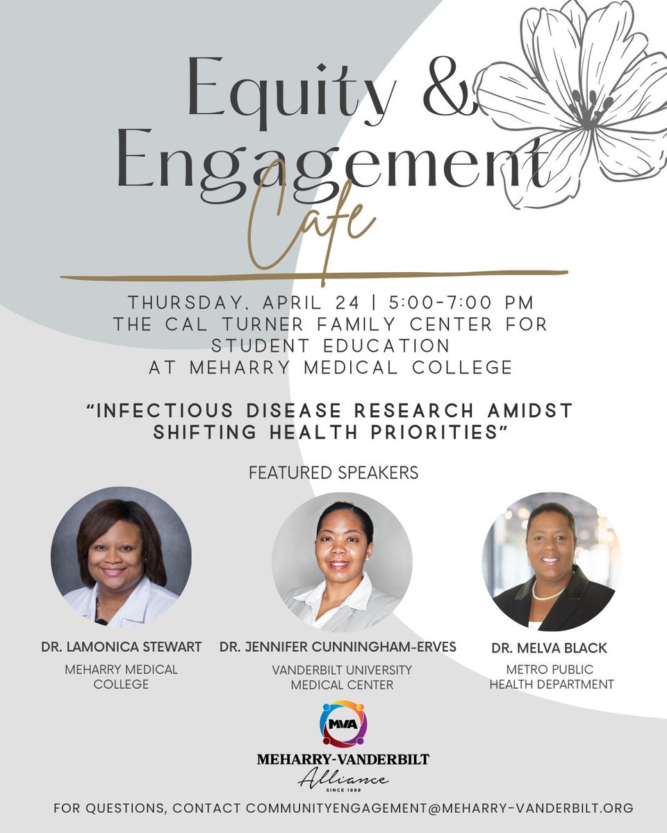 Meharry-Vanderbilt Alliance (@mvalliance) on Twitter photo Join the discussion on "Infectious Disease Research Amidst Shifting Health Priorities," as we host the Spring 2025 Equity & Engagement Cafe.
⏰ Thurs, April 24 from 5PM-7PM
📍 Cal Turner Family Center at <a href="/MeharryMedical/">Meharry Medical College</a>
Register today at redcap.link/Spring2025Regi… Join the discussion on "Infectious Disease Research Amidst Shifting Health Priorities," as we host the Spring 2025 Equity & Engagement Cafe.
⏰ Thurs, April 24 from 5PM-7PM
📍 Cal Turner Family Center at <a href="/MeharryMedical/">Meharry Medical College</a>
Register today at redcap.link/Spring2025Regi…