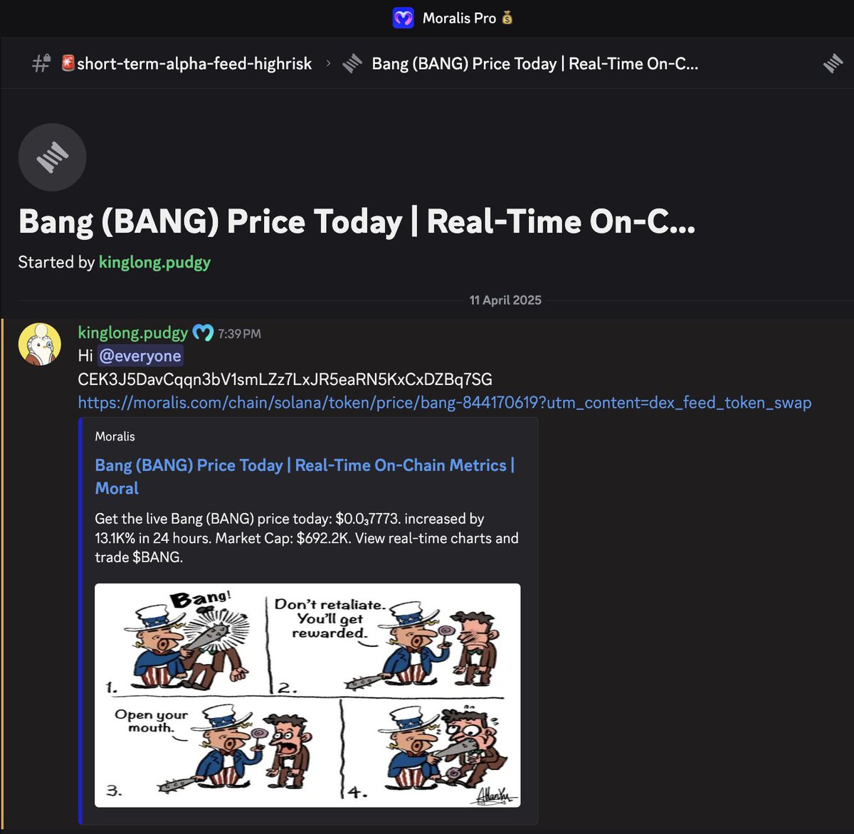 Using <a href="/moraliscom/">Moralis Token Explorer</a> DEX Feed, we can track what the top traders and whales are doing on-chain. 

I found $BANG when it was under 700k. And it pumped 4-5X in an hour! 

Using moralis.com to track "insiders" is so easy.
Join our Moralis Pro private discord for more alpha!